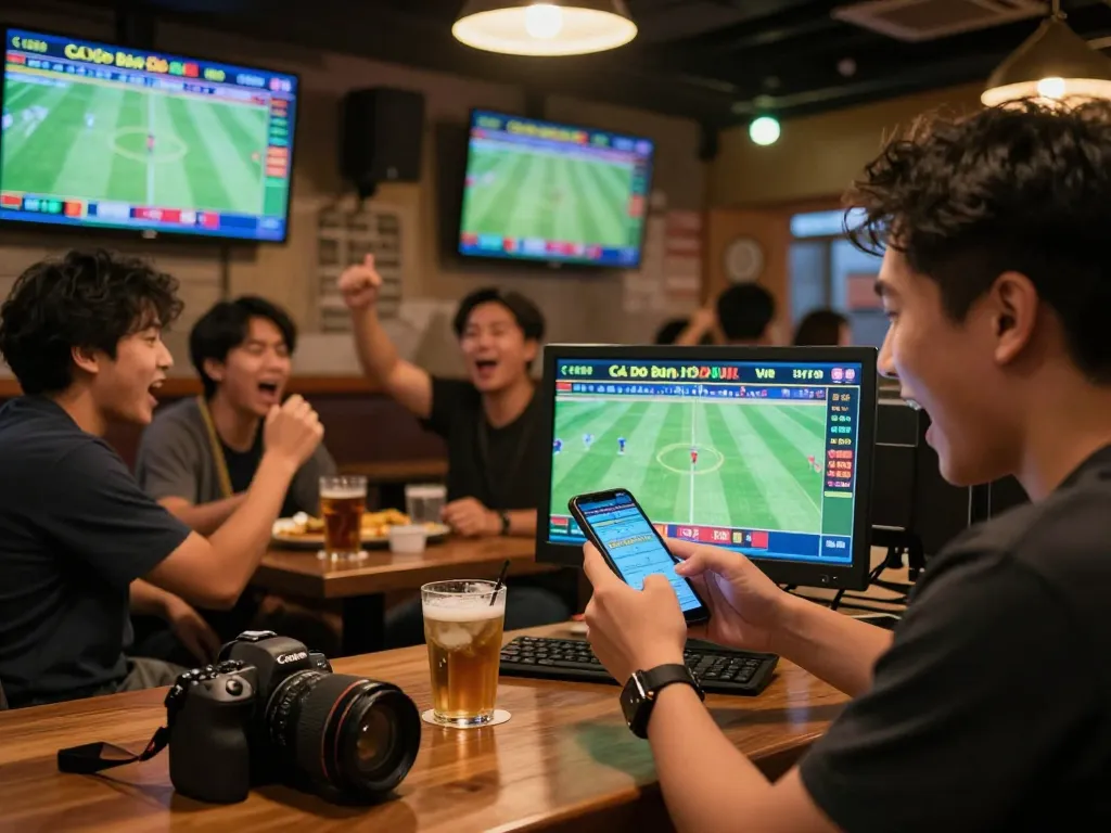 Cá Độ Bóng Đá Online: Exciting sports betting scene with person engaging on smartphone amidst vibrant atmosphere.