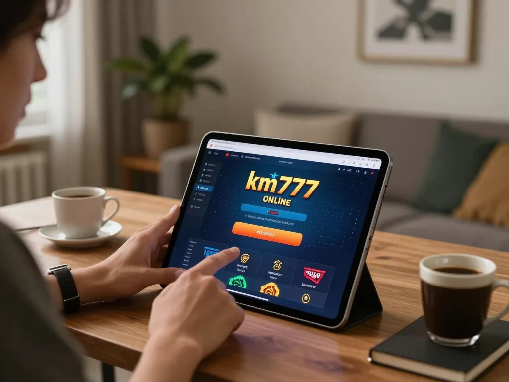 Engaging with km777 online casino interface on a tablet in a stylish home office.