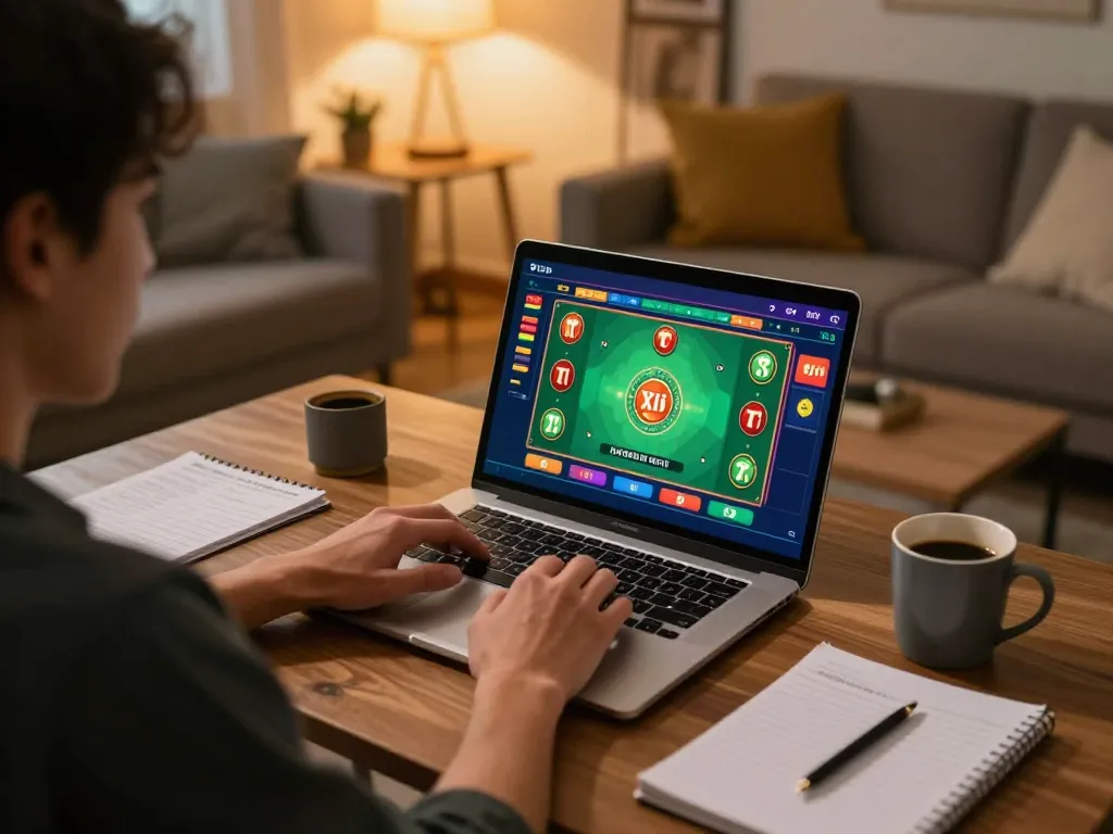 Tài Xỉu gameplay at home with engaging laptop setup, showcasing taixiuonline8's user-friendly interface and strategic notes.