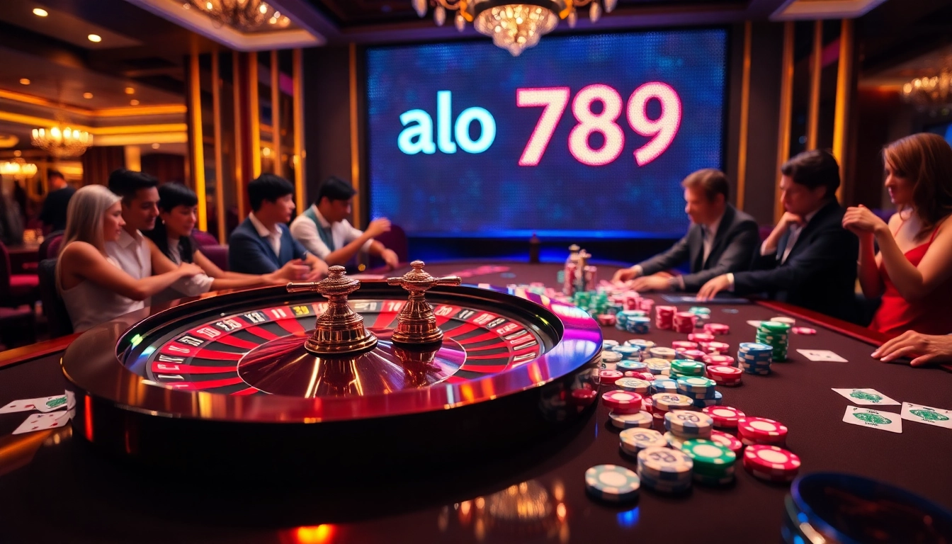 Gambling with alo 789 at a vibrant casino, featuring exciting poker games and a roulette wheel.