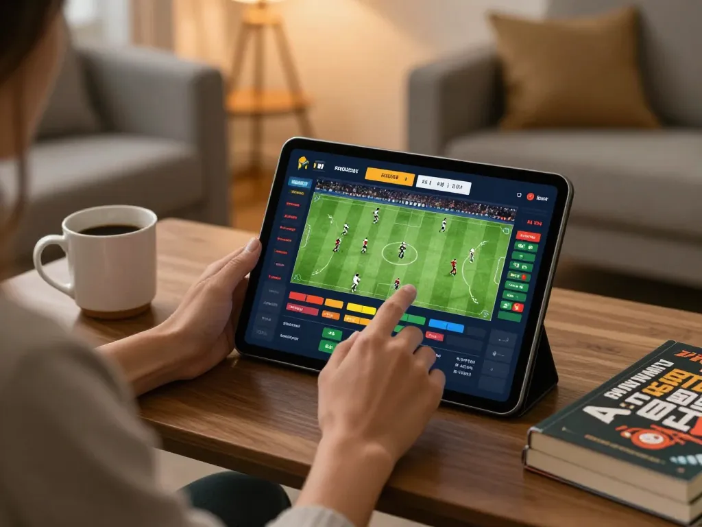 Betting on sports matches via fb88 com on tablet, cozy home setting