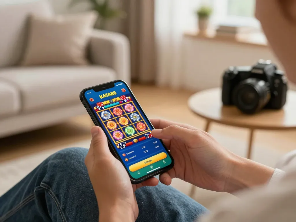 Kaya88 player enjoying mobile casino gaming with vibrant app interface on smartphone.