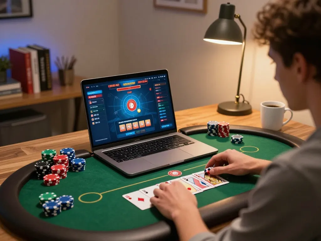 Player engaging in online poker gaming on a laptop with 89bet2 interface and colorful chips