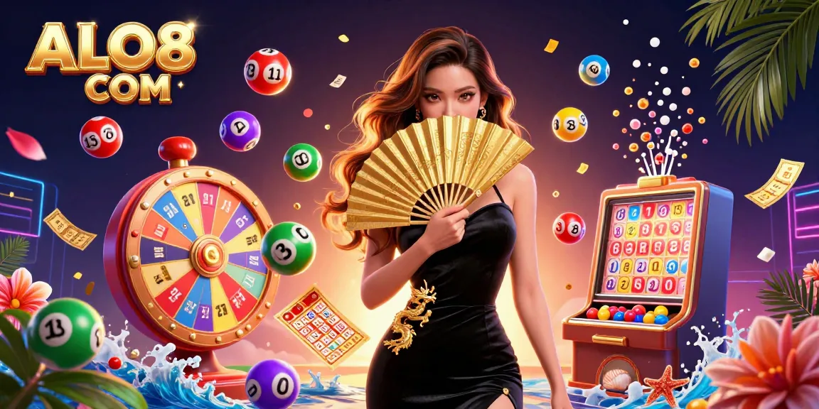 Experience the excitement of ALO8 COM with dynamic lottery elements celebrating gambling activities.
