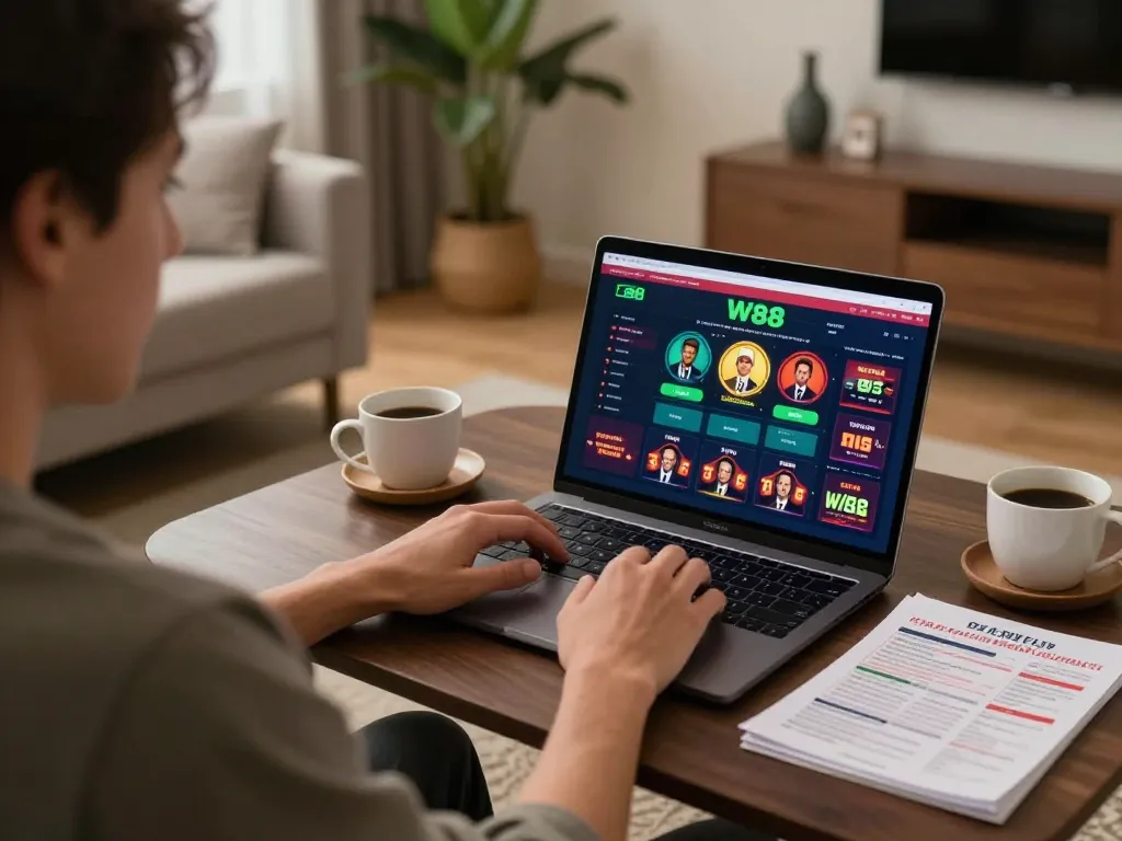 W88 player engaging in online gambling from a cozy home setting with strategy notes visible.