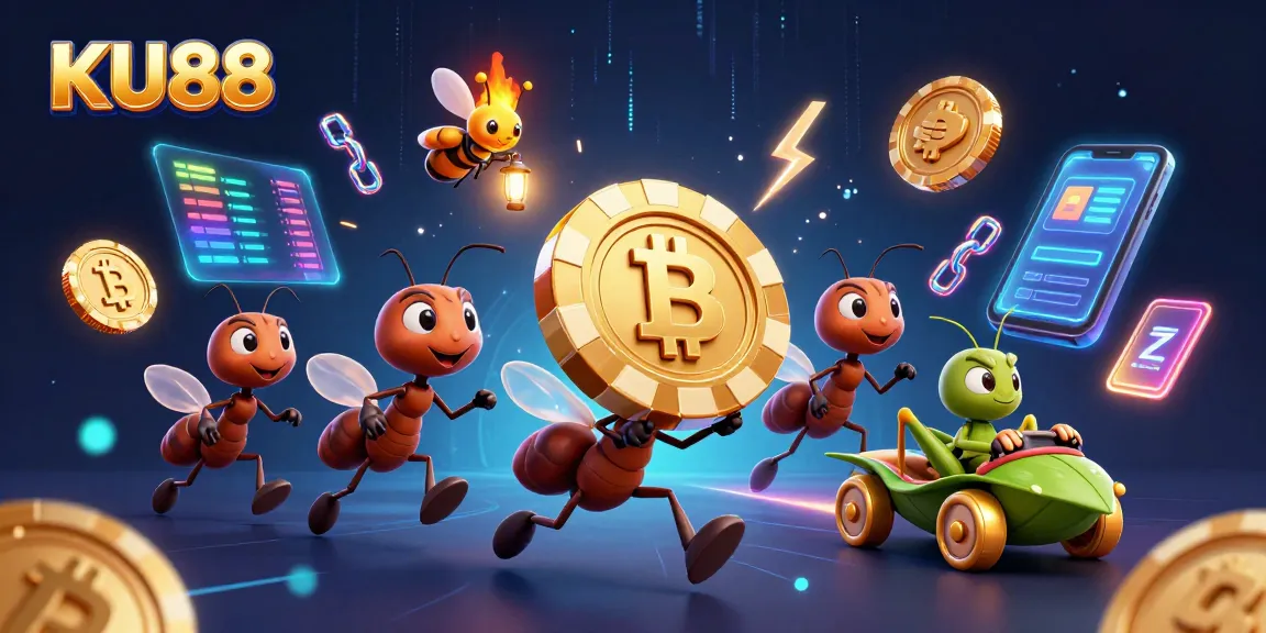 Engage with the exciting heist scene from KU88 showcasing playful ants carrying a golden poker chip.