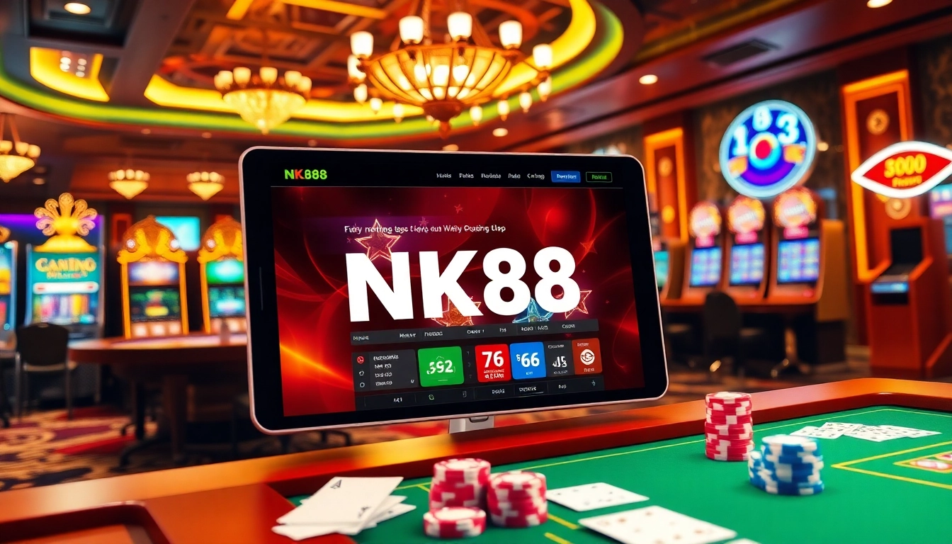 Experience the excitement of NK88 Đăng nhập with vibrant casino scenes featuring slots, tables, and winning moments.