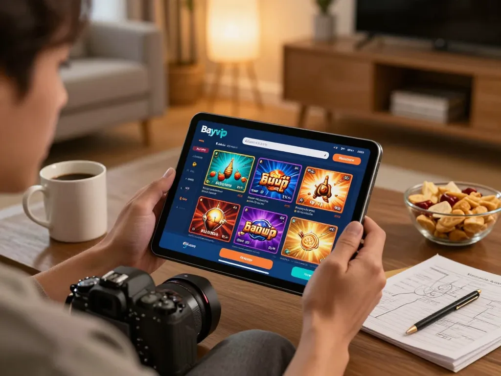 Engaged player using the Bayvip app for online gambling, showcasing a vibrant gaming interface in a cozy setting.