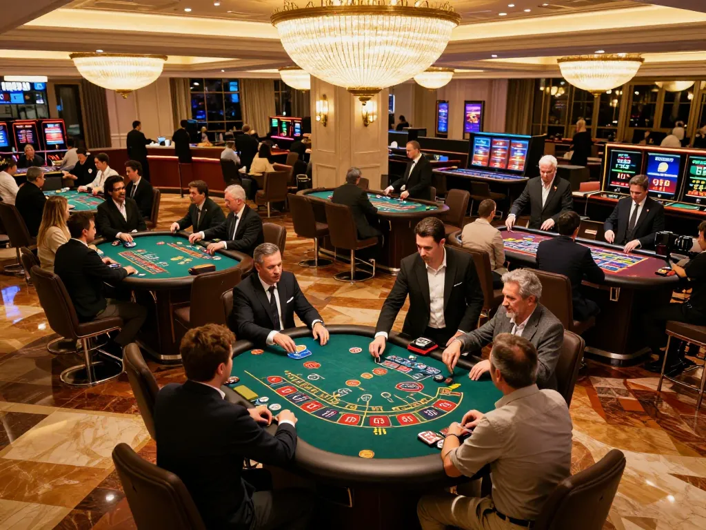 Players enjoying a strategic game of c168 blackjack at a luxurious casino, with vibrant atmosphere and elegant decor.
