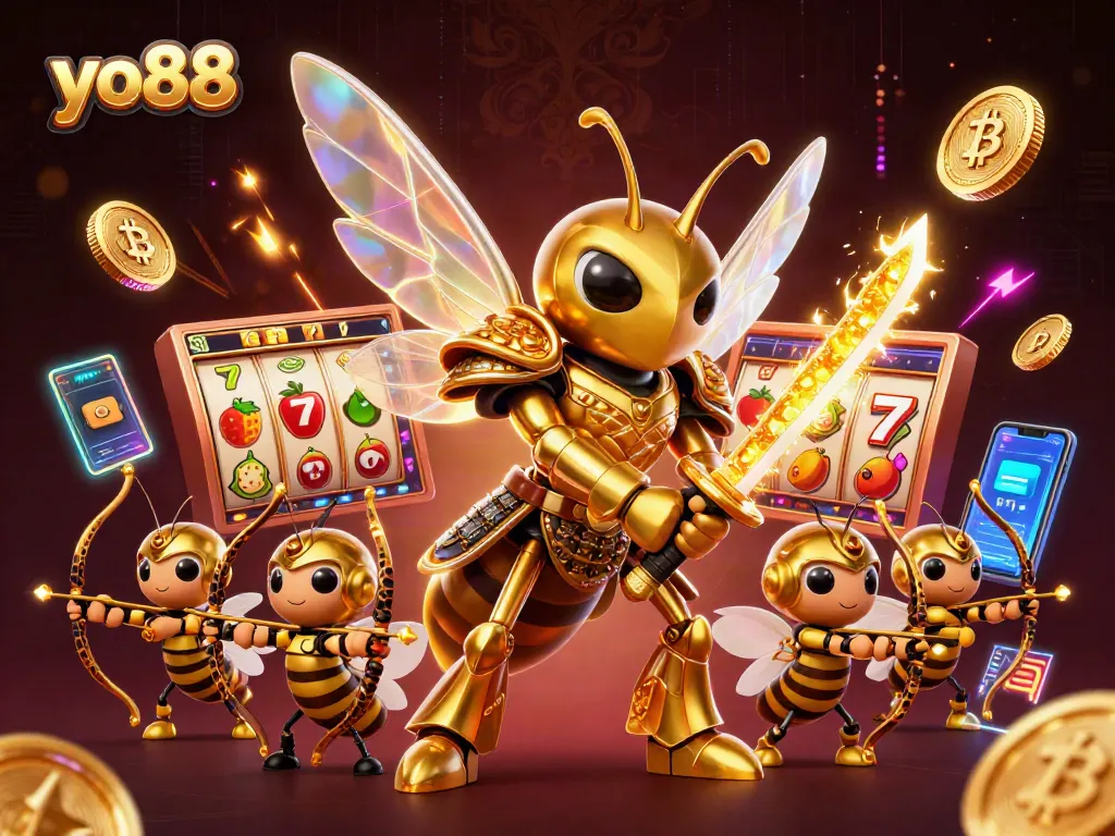 Spin the reels with yo88, featuring a golden hornet samurai amid vibrant casino elements.