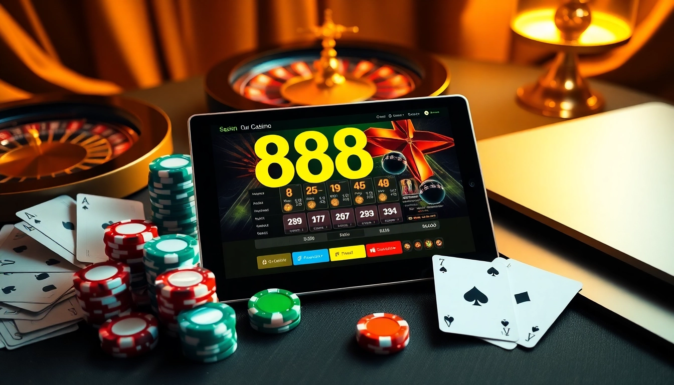 Experience 888NEW Đăng nhập with a vibrant online gambling interface showcasing poker chips and a roulette wheel.