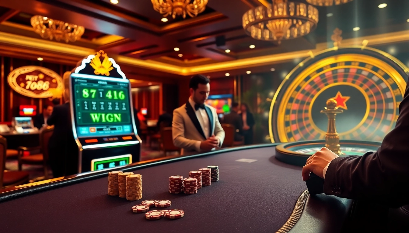 Players enjoying rr88's thrilling casino games with poker chips and a spinning roulette wheel.