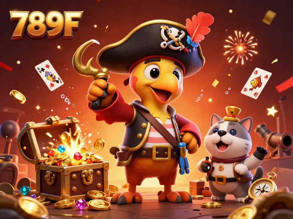 Join the thrilling adventure of 789F as characters celebrate with treasure and confetti in a vivid casino scene.