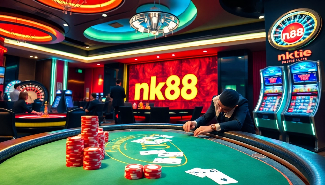 Engage in thrilling casino action at nk88 with players enjoying poker and roulette under luxurious lighting.