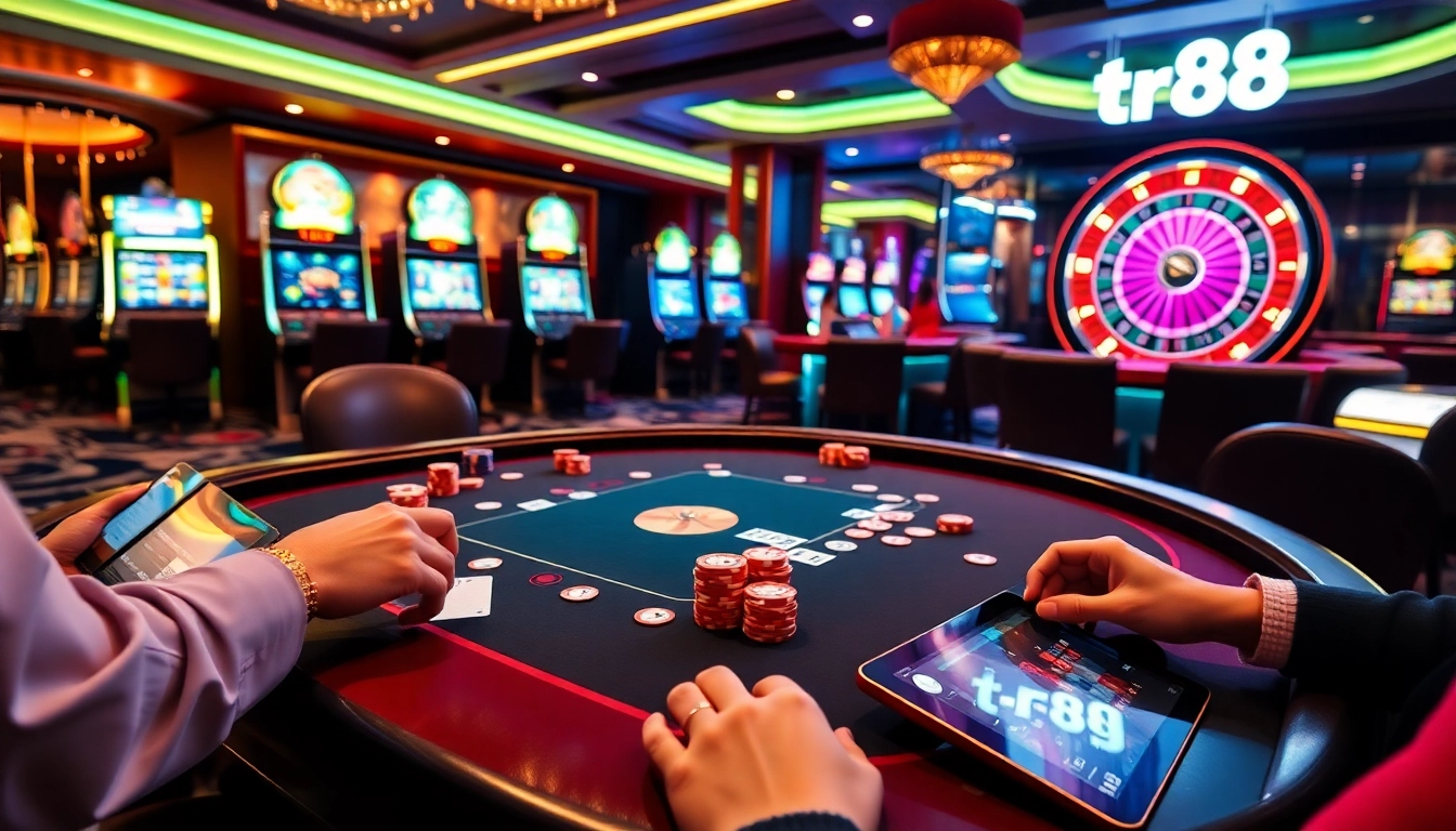 Experience the excitement of tr88 as players engage in a thrilling casino game surrounded by luxury.