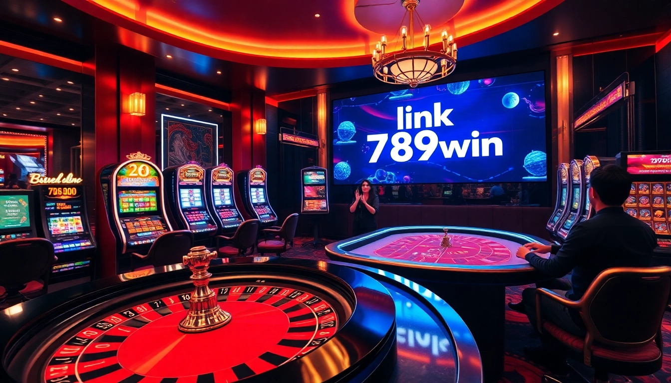 Exciting gambling scene featuring interactive elements like link 789win displayed on vibrant screens.