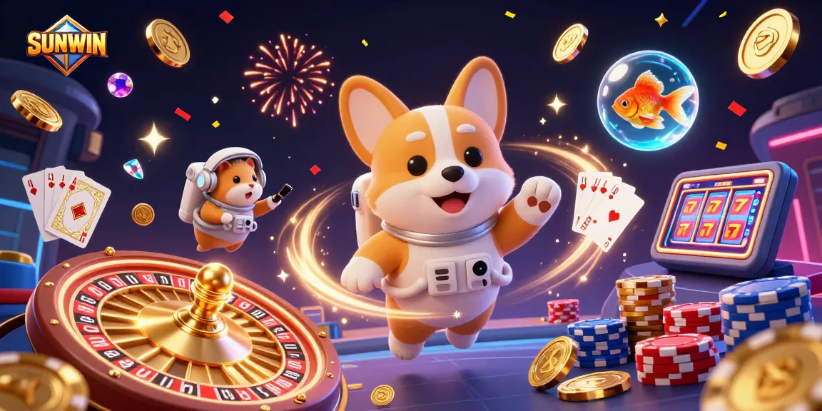 SUNWIN showcases a cartoon astronaut corgi in a space station casino, amidst vibrant slots and flying coins.