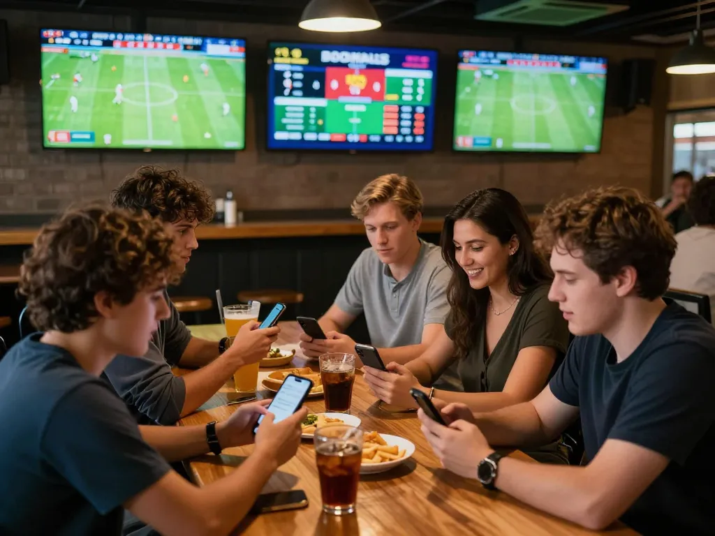 Friends engaging in sports betting using nowgoal for live scores and updates.