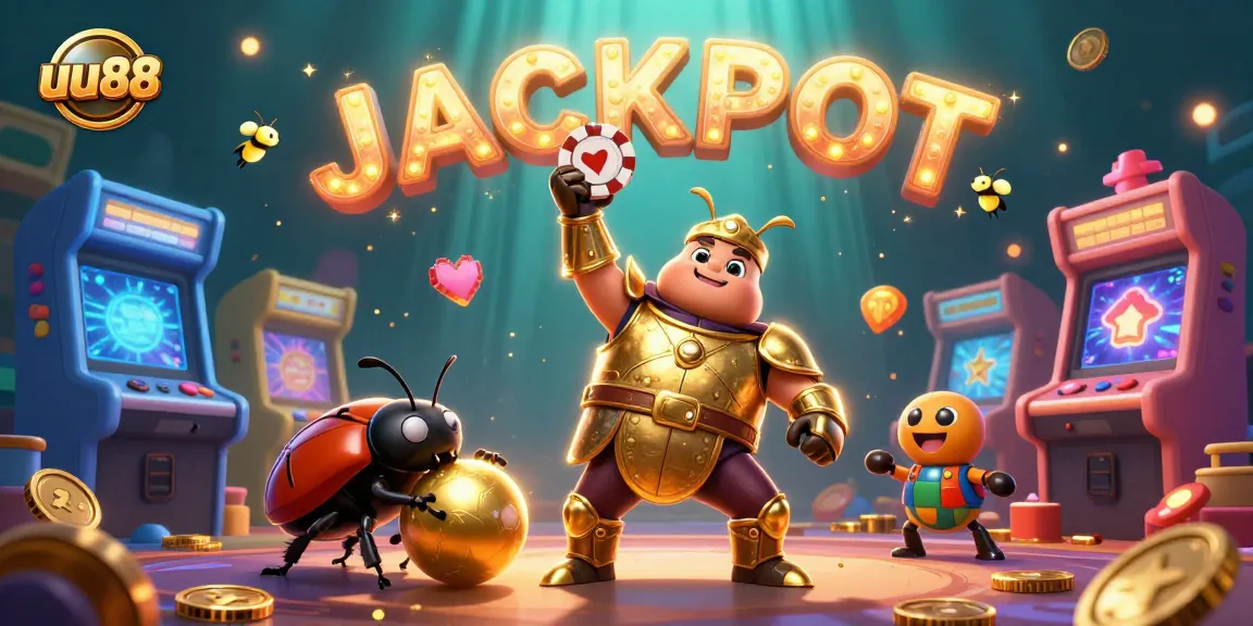 Experience the excitement of uu88 as a victorious beetle lifts a poker chip with a backdrop of golden gaming elements.