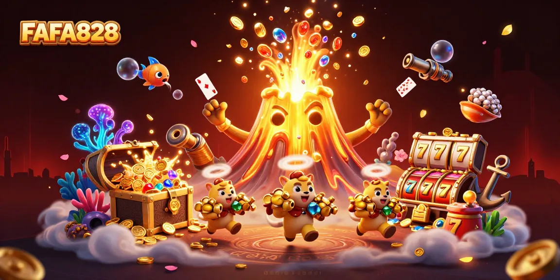 Engage with FAFA828's thrilling world of gambling featuring a victorious golden volcano and treasure.