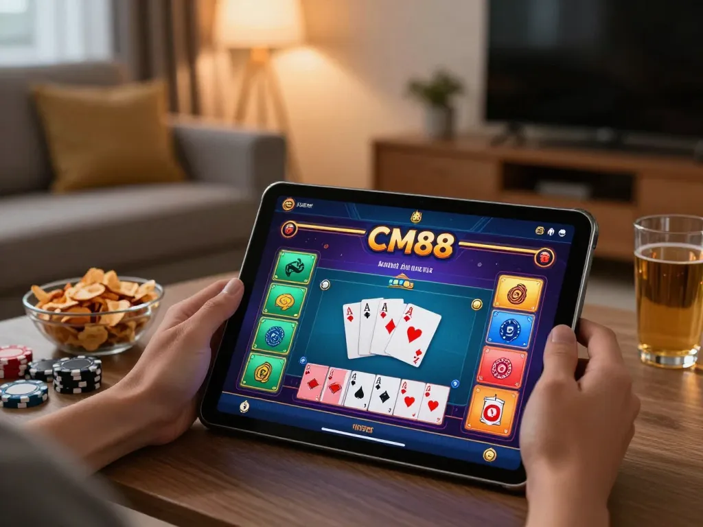 Engaging CM88 online poker experience on a tablet with colorful game interface.