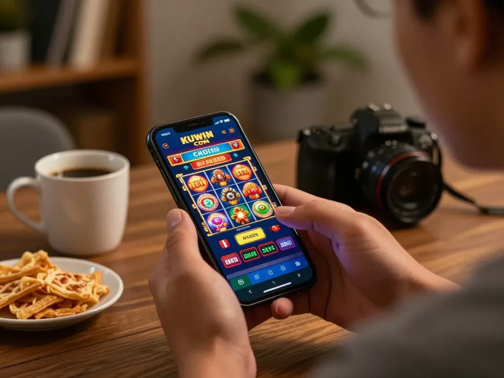 Gambling enthusiast engaging with KUWIN COM app on smartphone, showcasing vibrant casino gameplay.