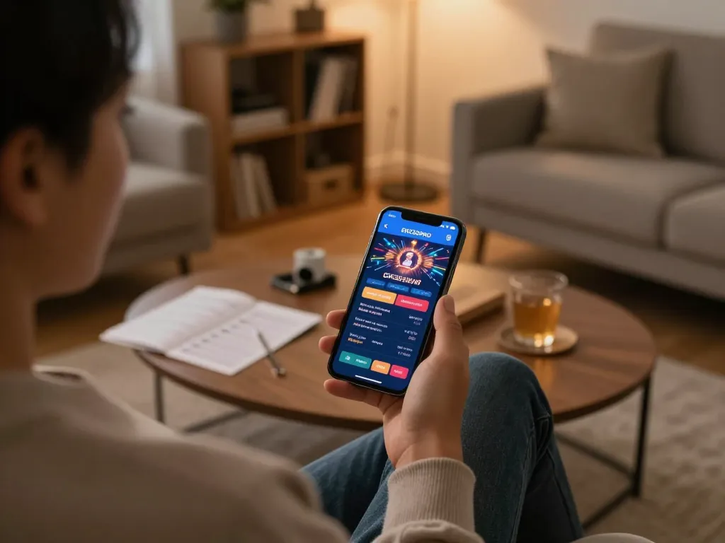 Engaged user playing EK333PRO online casino app on smartphone in cozy home setting.