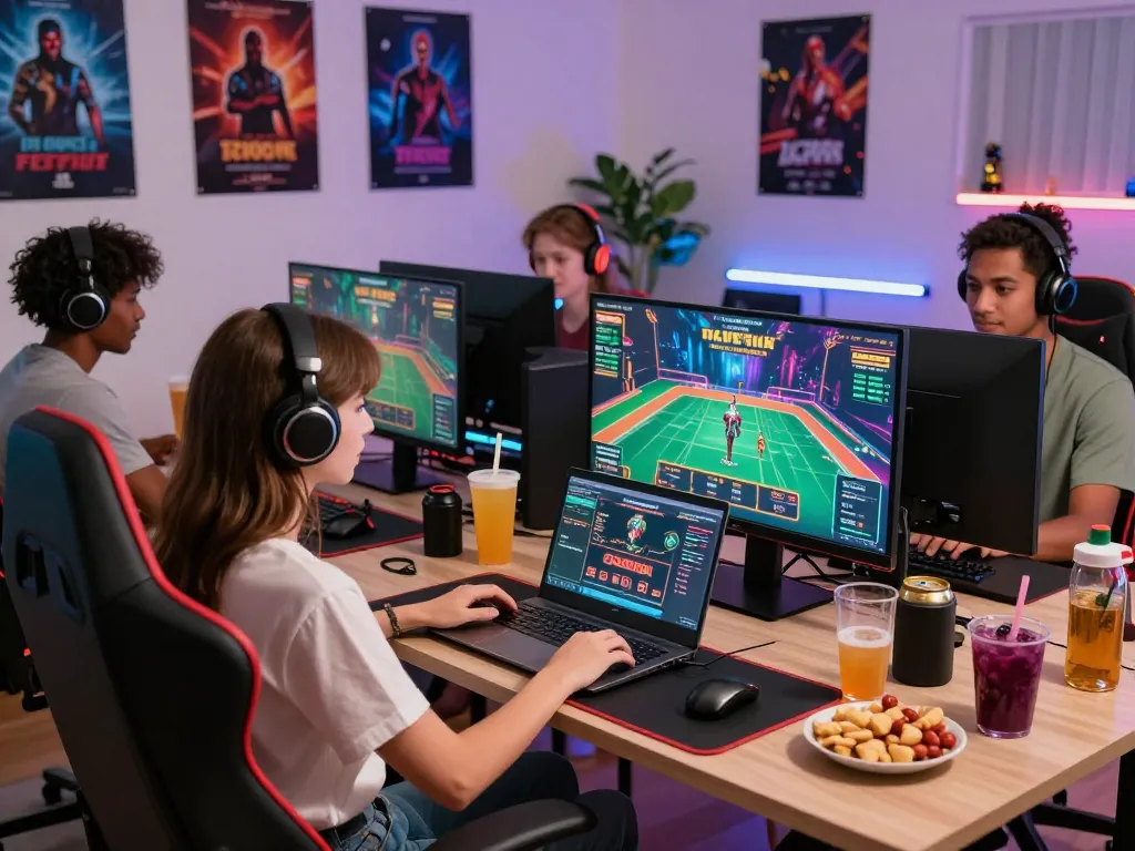 Diverse players engaging with 23win at a stylish gaming setup, surrounded by vibrant accessories and exciting atmosphere.