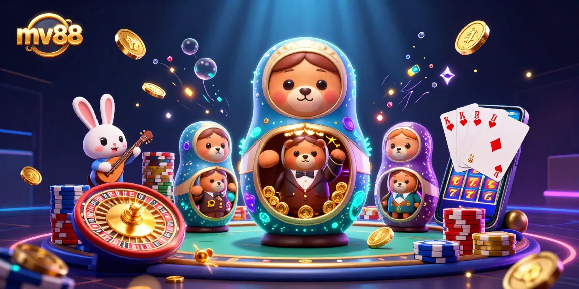 Win with mv88 while enjoying a lively casino scene filled with bears, coins, and gems.