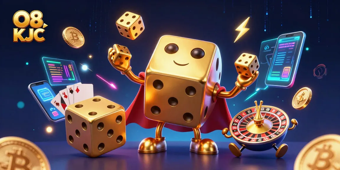 Spin to win big with the stunning O8 KJC 3D casino illustration featuring dynamic golden dice and crypto elements.