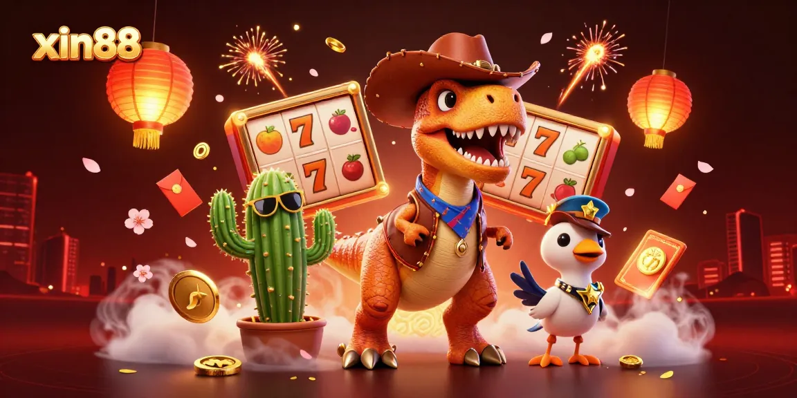 Experience the excitement of xin88 with a vibrant 3D illustration showcasing a T-Rex and casino elements.