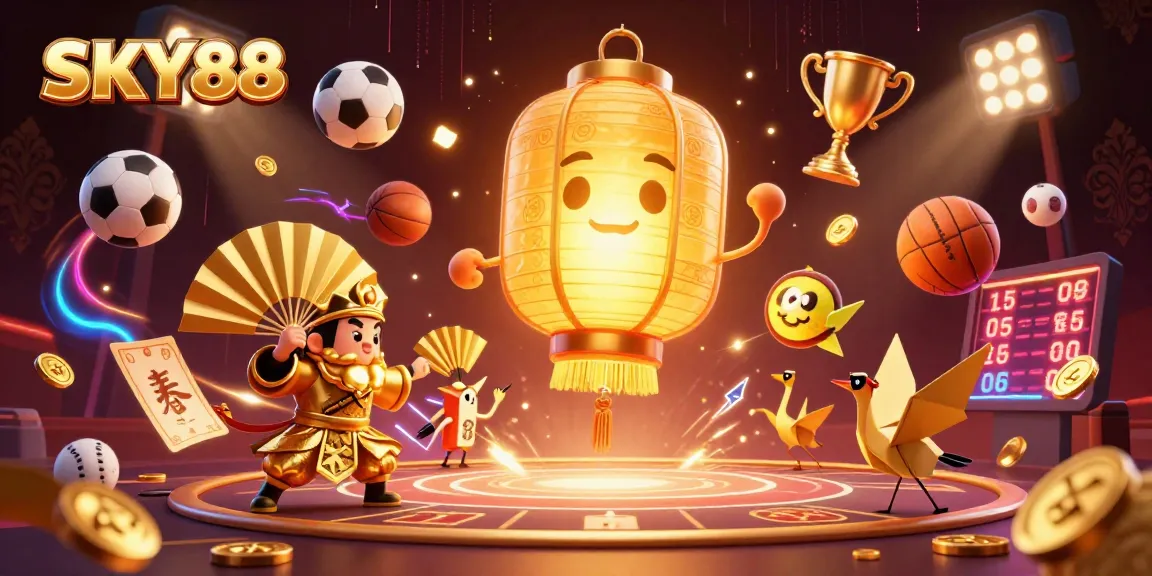 Experience thrilling moments with SKY88 as golden spirit characters float above exciting gambling elements.