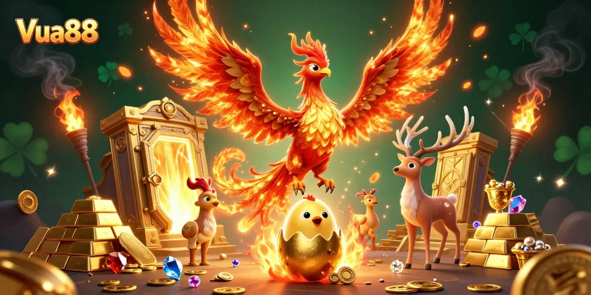 Engage with Vua88's exciting gaming world featuring vibrant characters and treasure-filled visuals.