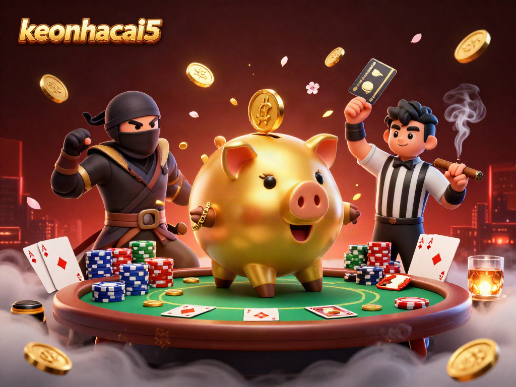 Experience the excitement of keonhacai5 with a whimsical 3D illustration of a piggy bank sumo wrestler and poker elements.