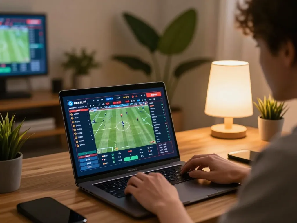 Exciting sports betting experience on nhà cái nk88 with live odds on laptop in a cozy home office