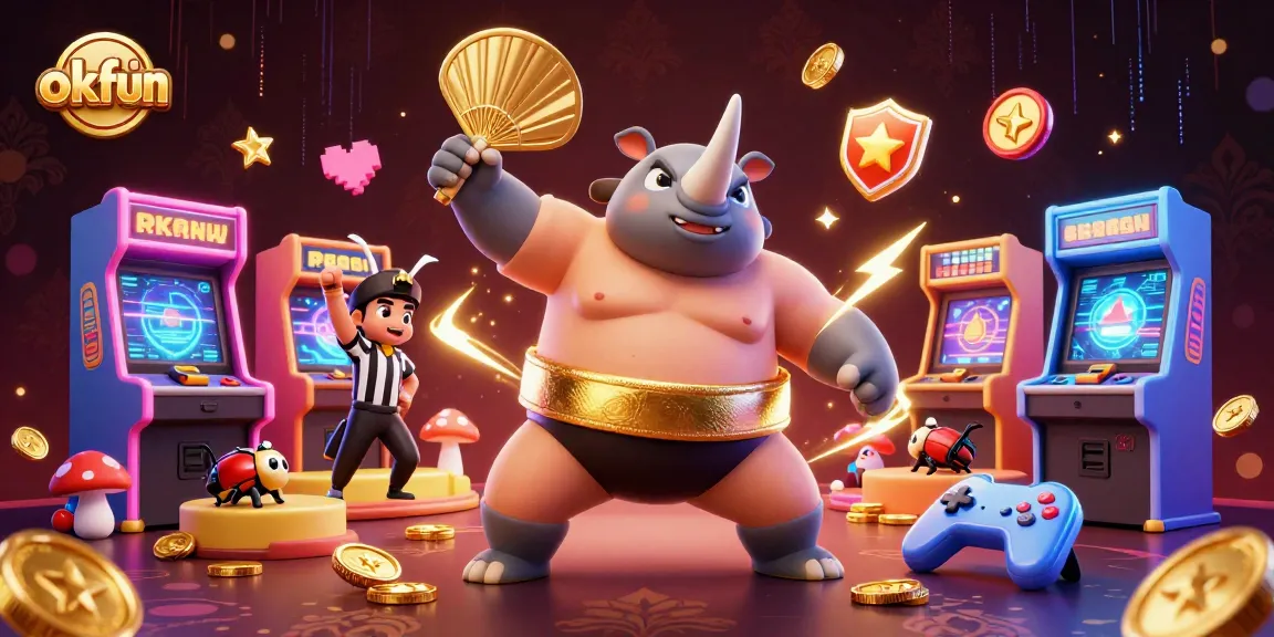 Experience the thrill at okfun with a vibrant 3D illustration of a sumo beetle champion in a casino.