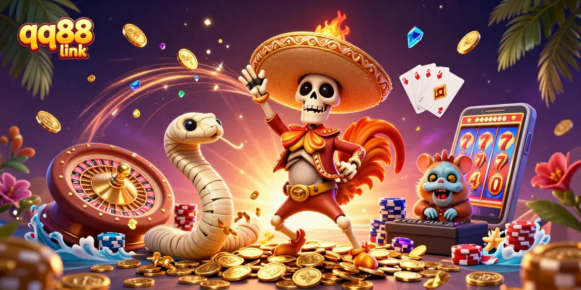 Experience thrilling wins with the dynamic qq88 link featuring vibrant casino elements and characters.