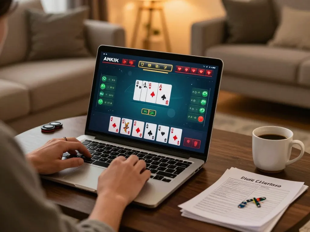 SHBET player strategizing during online poker game at home, showcasing responsible gambling.