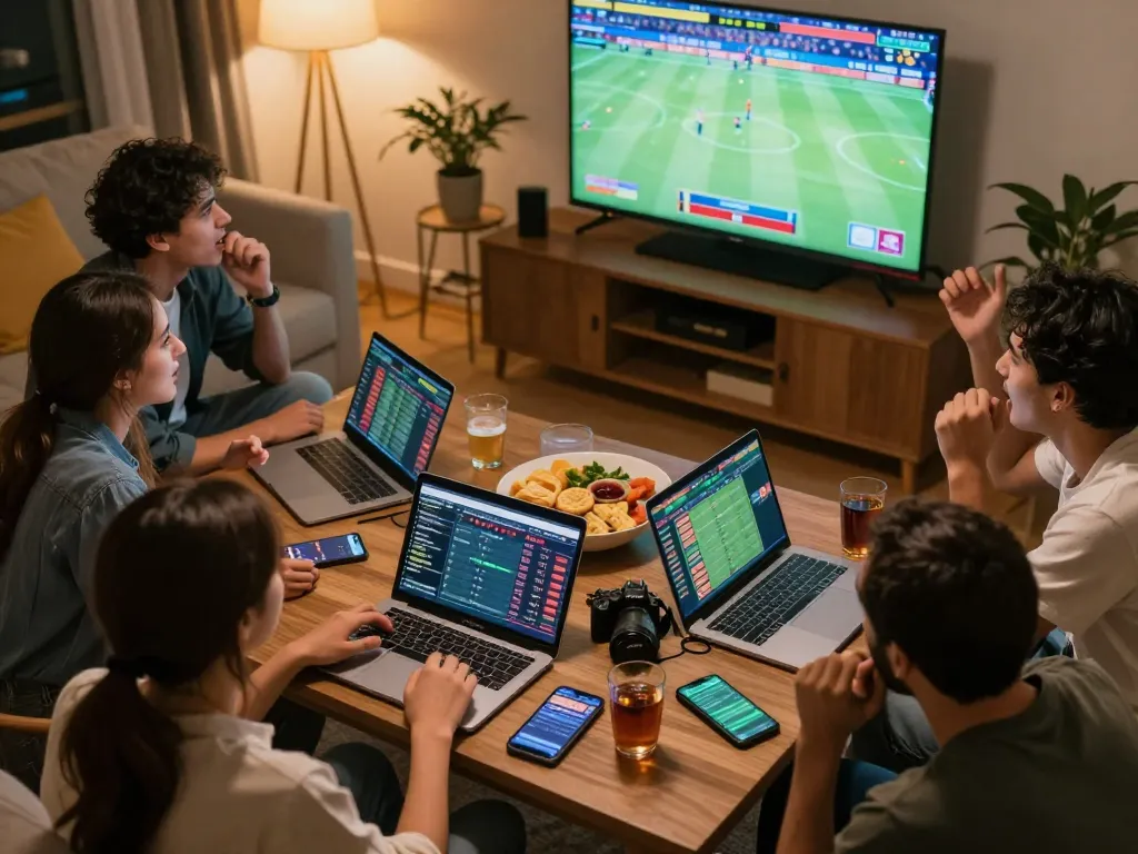Friends engaging in lively sports betting on mobile apps and screens while discussing strategies with Nowgoal.