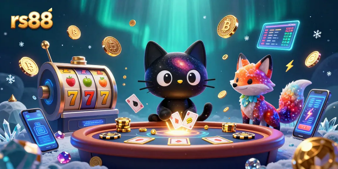Engage with rs88 as the black hole cat and nebula fox navigate a vibrant casino scene surrounded by swirling jackpots.