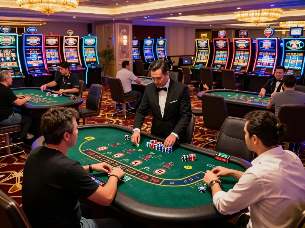 Witness the excitement of Vin88 casino gaming with engaged players surrounded by vibrant slot machines and lively tables.