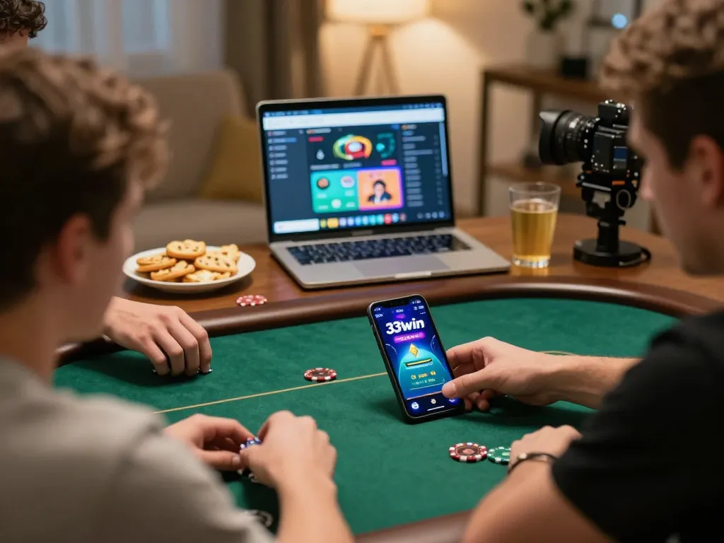 Player engaging with the 33win app in a cozy home setup showcasing online poker excitement