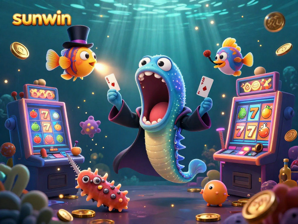 sunwin casino illustration featuring a magical deep-sea scene with characters and slot machines.