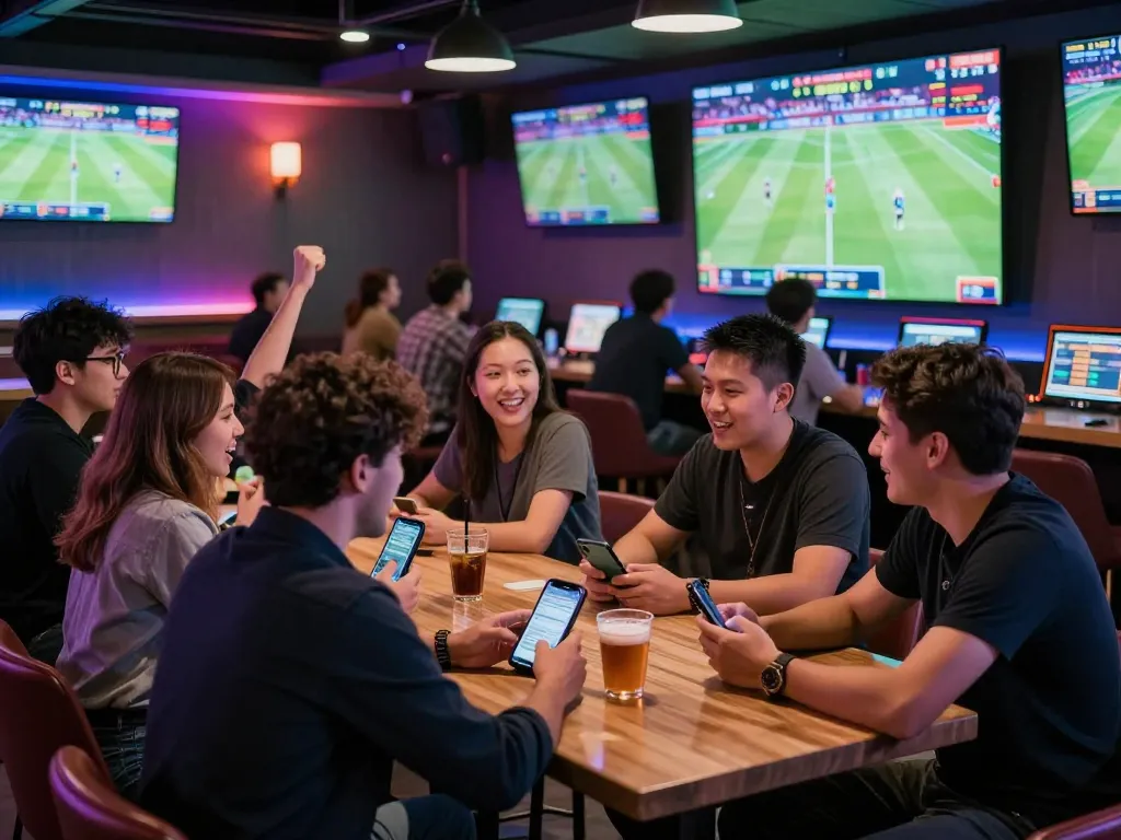 Fans actively placing bets on debet while cheering at a lively sports betting lounge.