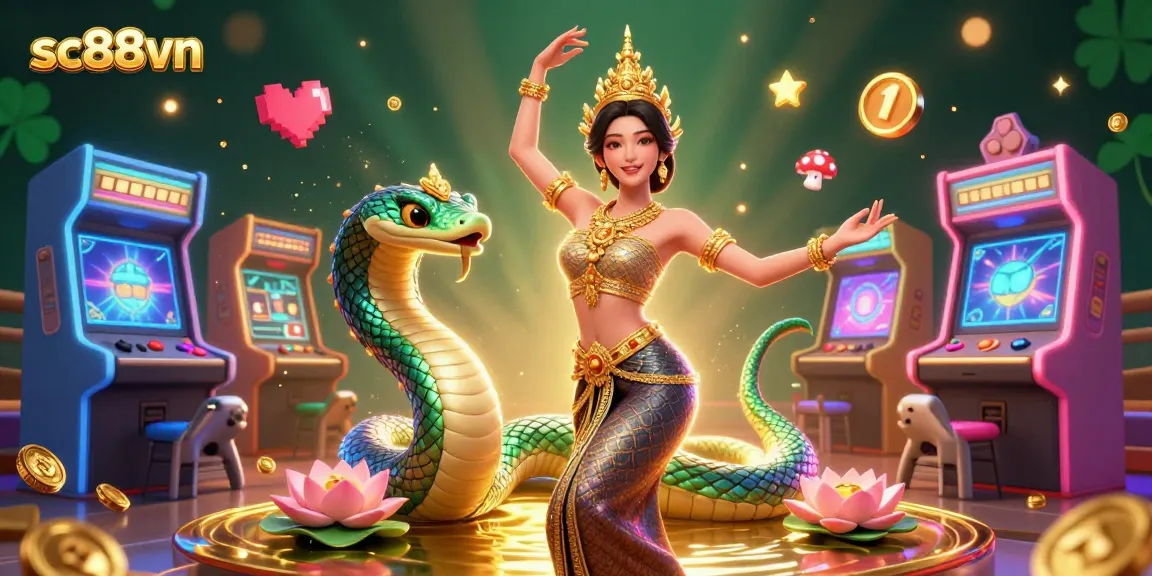 Experience the vibrant energy of sc88vn with a beautiful Asian woman and Naga serpent amidst arcade games.