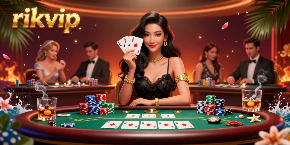 Experience thrilling gameplay at rikvip with an elegant Asian woman holding playing cards, surrounded by vibrant casino elements.