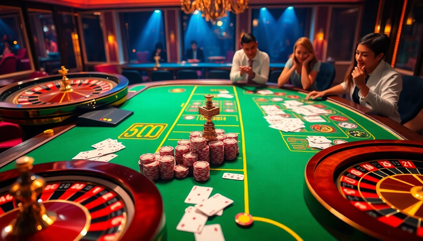 daga88 casino players engage in high-stakes bets with colorful chips and luxurious atmosphere.