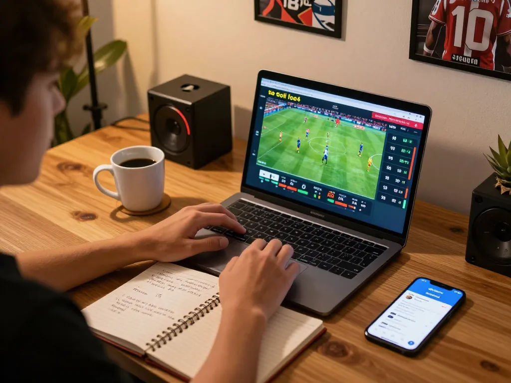 Engaging in online sports betting with okfun app on laptop, showcasing live odds.