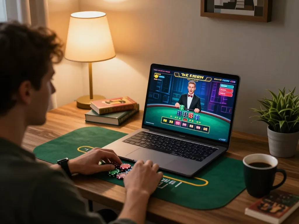 Player enjoying a live dealer blackjack game on lc88 platform in a cozy setting.