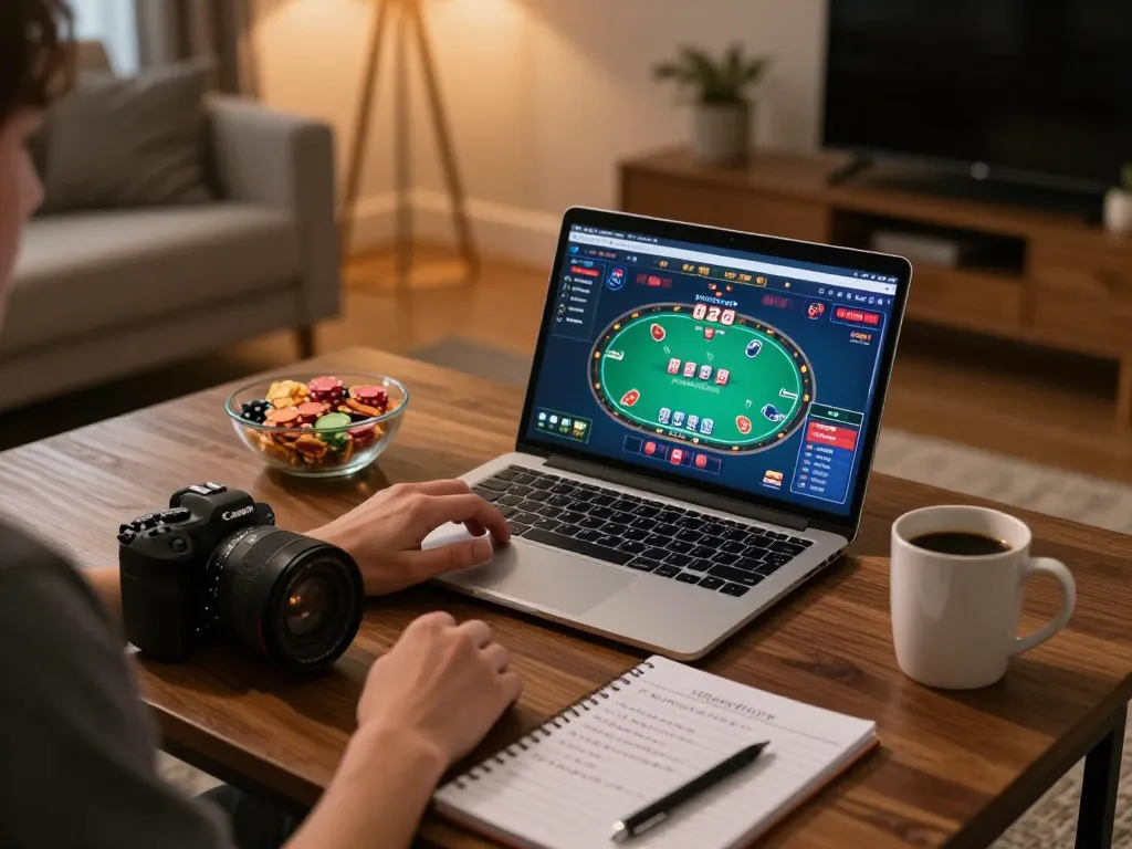 Player enjoying okking1 casino games on a laptop with strategy notes and snacks, casual home setup.